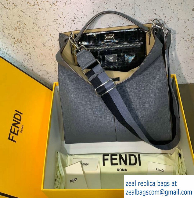 Fendi Roman Leather Peekaboo X-Lite Regular Tote Bag Gray 2019