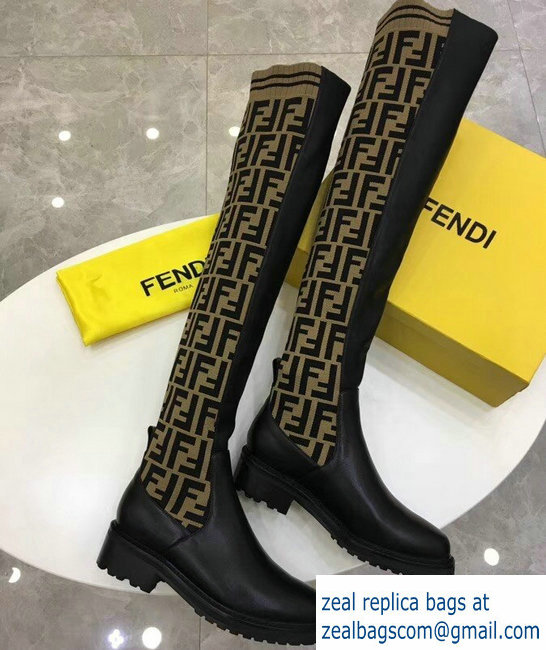 Fendi Stretch Ribbed Fabric and Leather Thigh-High Cuissard Boots Black FF Logo Beige 2018 - Click Image to Close