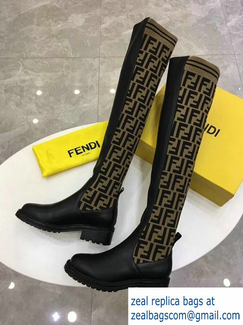 Fendi Stretch Ribbed Fabric and Leather Thigh-High Cuissard Boots Black FF Logo Beige 2018