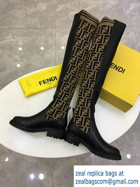 Fendi Stretch Ribbed Fabric and Leather Thigh-High Cuissard Boots Black FF Logo Beige 2018 - Click Image to Close