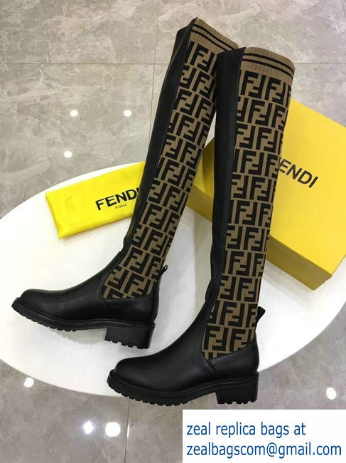 Fendi Stretch Ribbed Fabric and Leather Thigh-High Cuissard Boots Black FF Logo Beige 2018