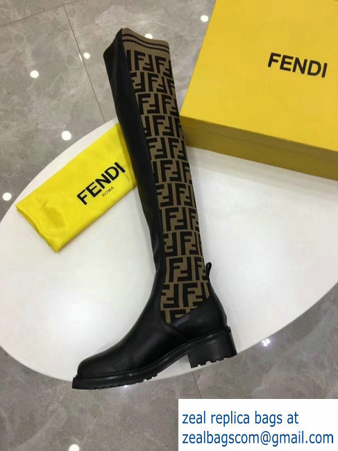 Fendi Stretch Ribbed Fabric and Leather Thigh-High Cuissard Boots Black FF Logo Beige 2018 - Click Image to Close