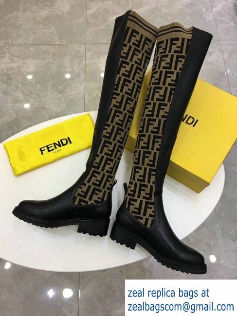 Fendi Stretch Ribbed Fabric and Leather Thigh-High Cuissard Boots Black FF Logo Beige 2018 - Click Image to Close