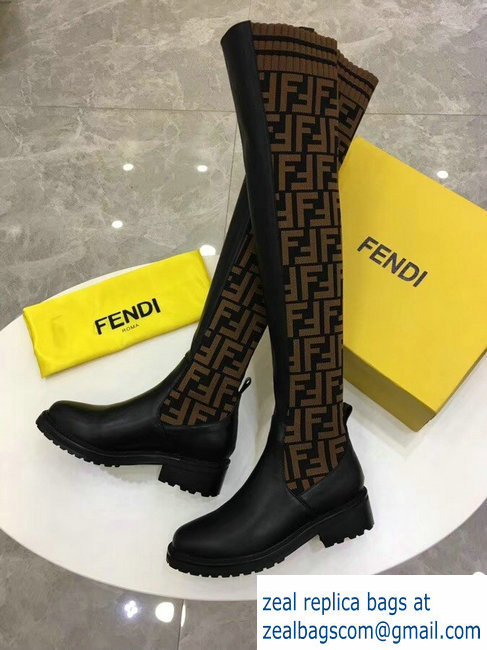 Fendi Stretch Ribbed Fabric and Leather Thigh-High Cuissard Boots Black FF Logo Coffee 2018 - Click Image to Close