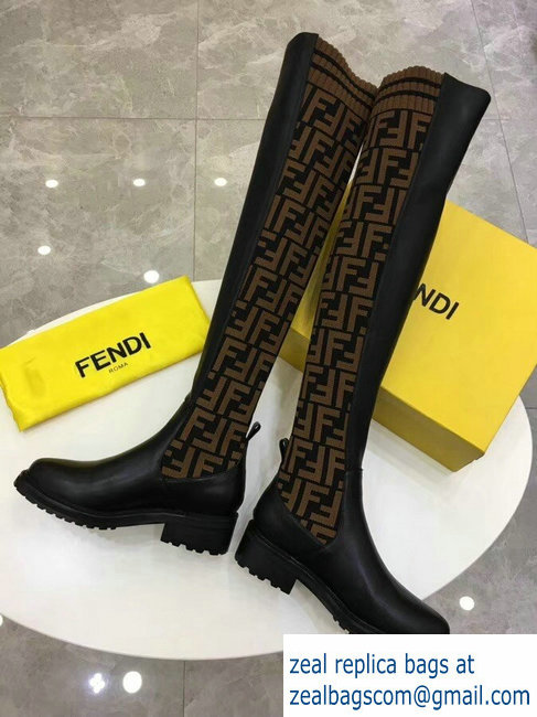 Fendi Stretch Ribbed Fabric and Leather Thigh-High Cuissard Boots Black FF Logo Coffee 2018 - Click Image to Close