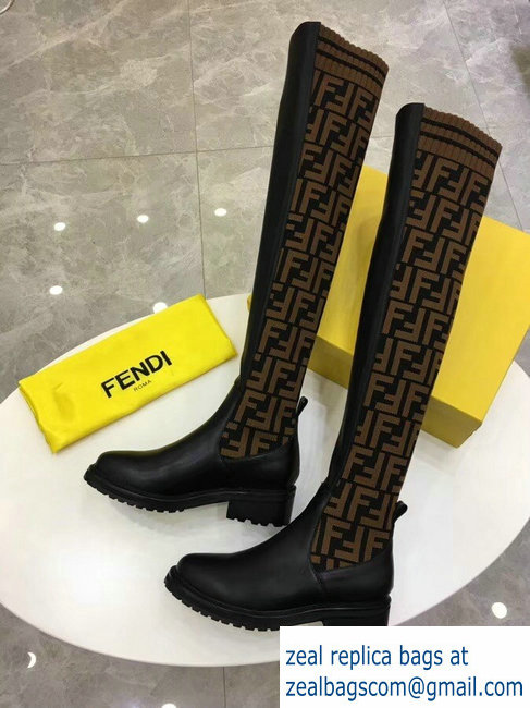 Fendi Stretch Ribbed Fabric and Leather Thigh-High Cuissard Boots Black FF Logo Coffee 2018