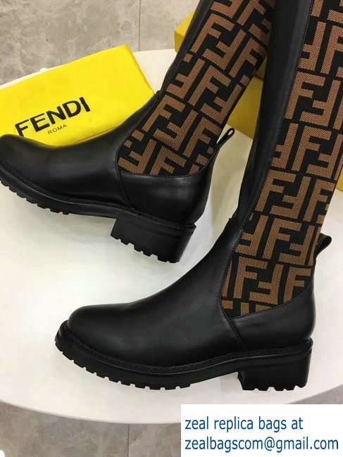 Fendi Stretch Ribbed Fabric and Leather Thigh-High Cuissard Boots Black FF Logo Coffee 2018