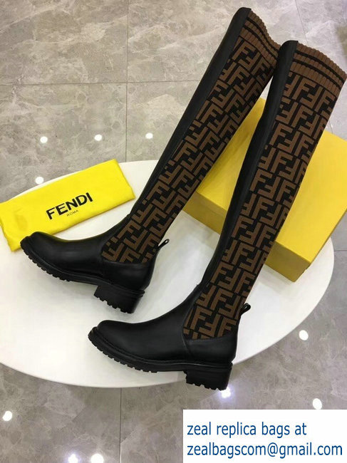 Fendi Stretch Ribbed Fabric and Leather Thigh-High Cuissard Boots Black FF Logo Coffee 2018