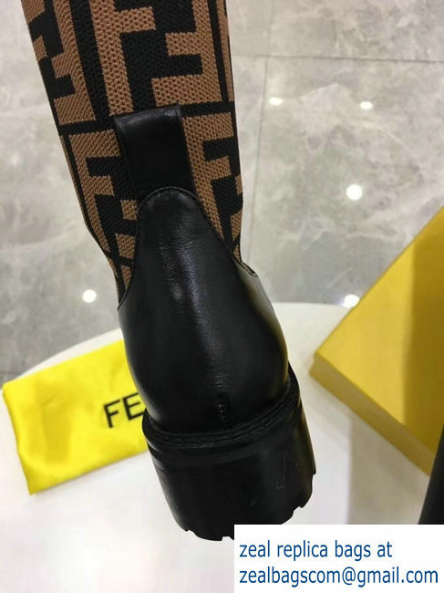 Fendi Stretch Ribbed Fabric and Leather Thigh-High Cuissard Boots Black FF Logo Coffee 2018