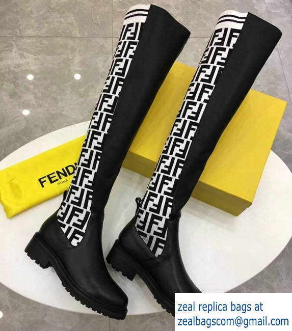 Fendi Stretch Ribbed Fabric and Leather Thigh-High Cuissard Boots Black FF Logo White 2018 - Click Image to Close