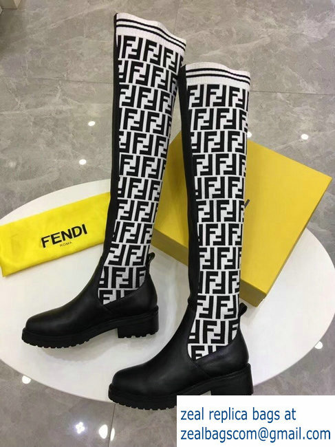 Fendi Stretch Ribbed Fabric and Leather Thigh-High Cuissard Boots Black FF Logo White 2018