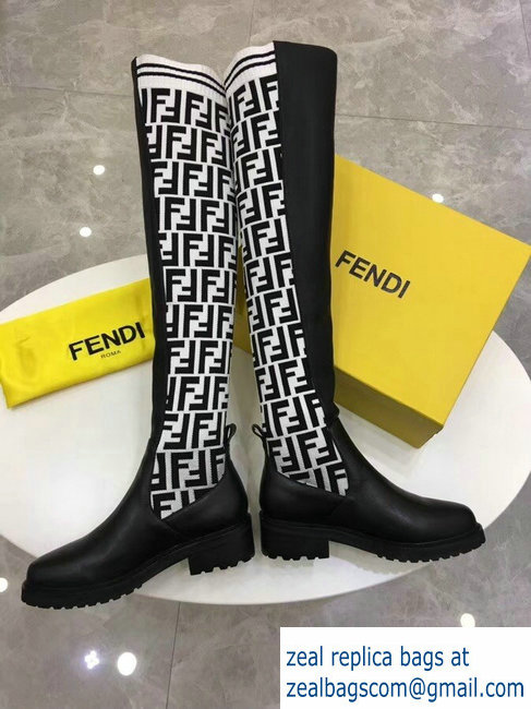 Fendi Stretch Ribbed Fabric and Leather Thigh-High Cuissard Boots Black FF Logo White 2018