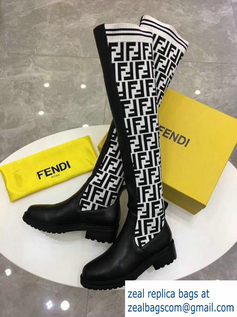 Fendi Stretch Ribbed Fabric and Leather Thigh-High Cuissard Boots Black FF Logo White 2018 - Click Image to Close