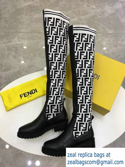 Fendi Stretch Ribbed Fabric and Leather Thigh-High Cuissard Boots Black FF Logo White 2018 - Click Image to Close