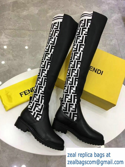 Fendi Stretch Ribbed Fabric and Leather Thigh-High Cuissard Boots Black FF Logo White 2018