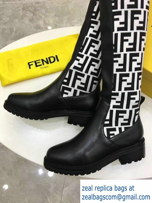 Fendi Stretch Ribbed Fabric and Leather Thigh-High Cuissard Boots Black FF Logo White 2018 - Click Image to Close