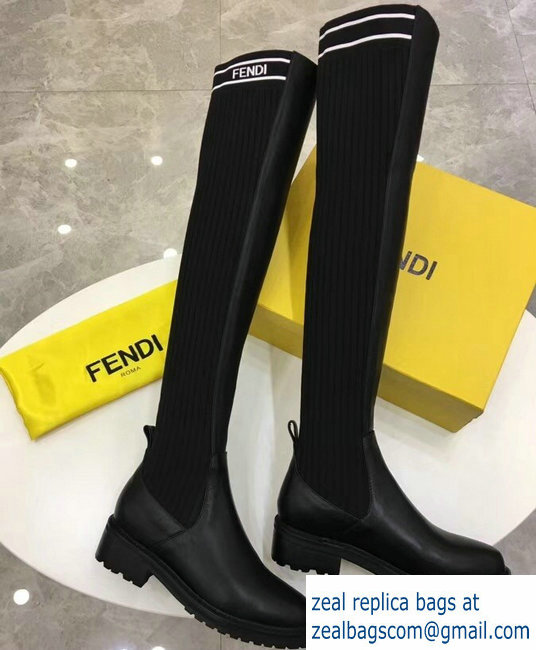 Fendi Stretch Ribbed Fabric and Leather Thigh-High Cuissard Boots Black Logo 2018