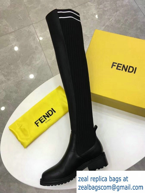 Fendi Stretch Ribbed Fabric and Leather Thigh-High Cuissard Boots Black Logo 2018