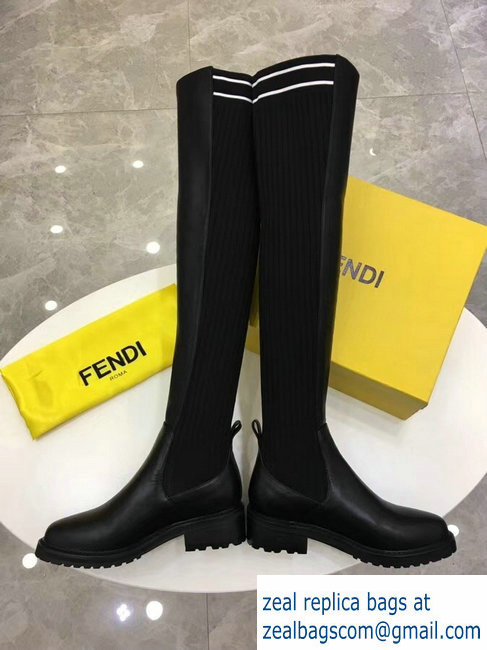 Fendi Stretch Ribbed Fabric and Leather Thigh-High Cuissard Boots Black Logo 2018