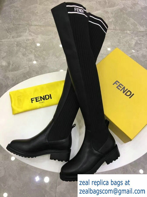 Fendi Stretch Ribbed Fabric and Leather Thigh-High Cuissard Boots Black Logo 2018