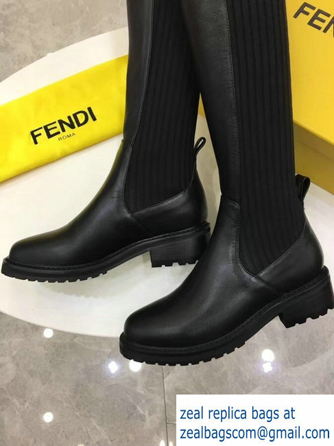 Fendi Stretch Ribbed Fabric and Leather Thigh-High Cuissard Boots Black Logo 2018