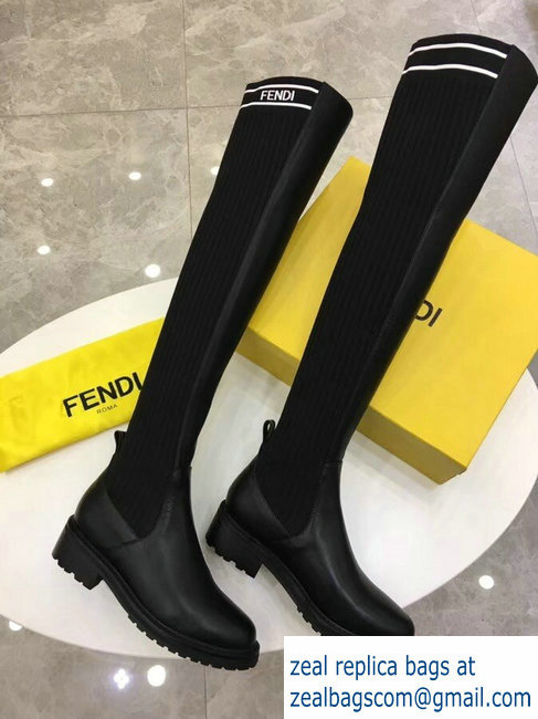 Fendi Stretch Ribbed Fabric and Leather Thigh-High Cuissard Boots Black Logo 2018