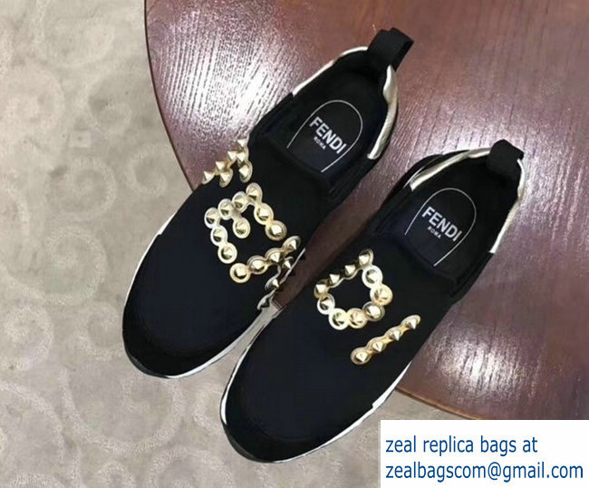 Fendi Studs Fabric Sneakers Logo Black/gold 2018