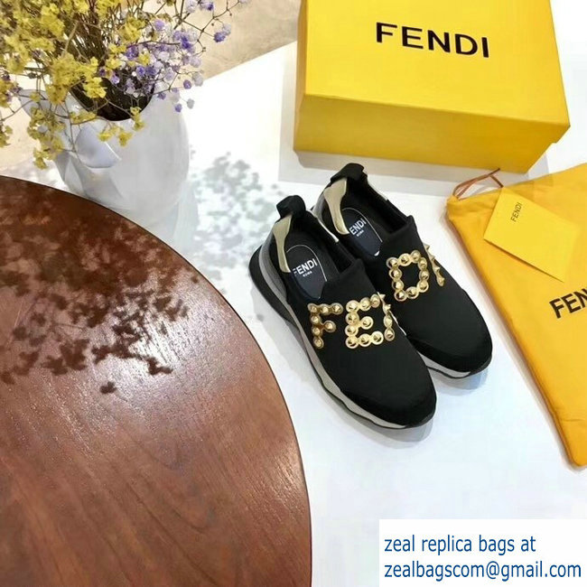 Fendi Studs Fabric Sneakers Logo Black/gold 2018