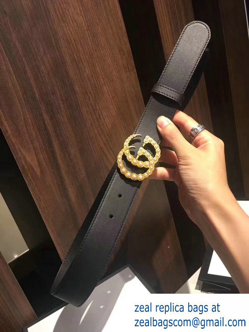 Gucci 7cm Wide Leather Belt With Pearl Double G