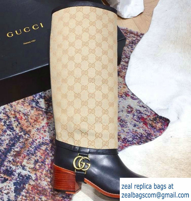 Gucci Double G Leather Knee Boots 549691 Black with GG Gaiter 2018 - Click Image to Close