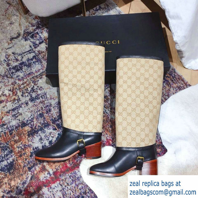 Gucci Double G Leather Knee Boots 549691 Black with GG Gaiter 2018 - Click Image to Close