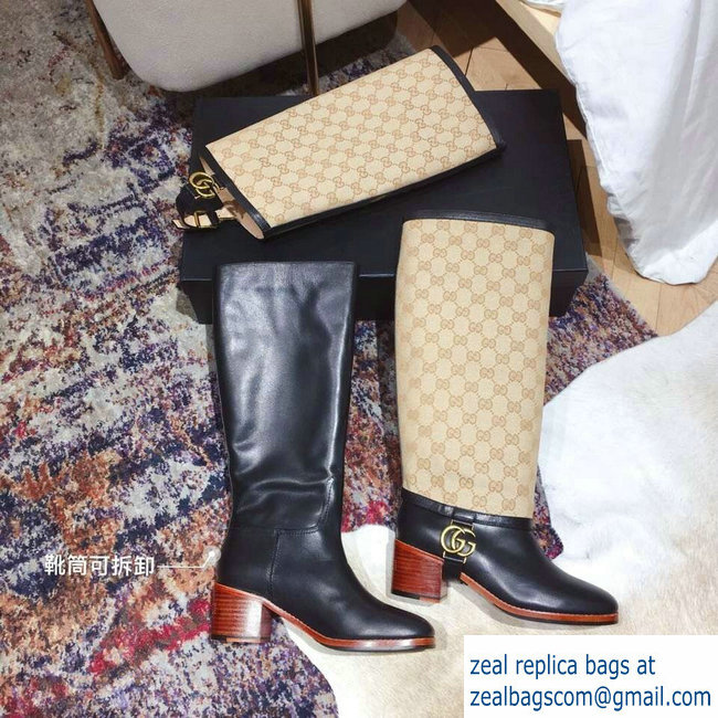 Gucci Double G Leather Knee Boots 549691 Black with GG Gaiter 2018 - Click Image to Close