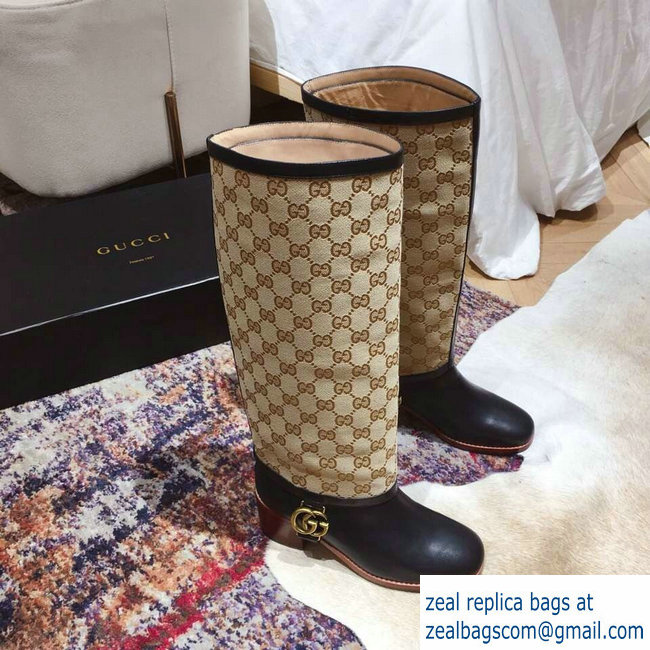 Gucci Double G Leather Knee Boots 549691 Black with GG Gaiter 2018 - Click Image to Close