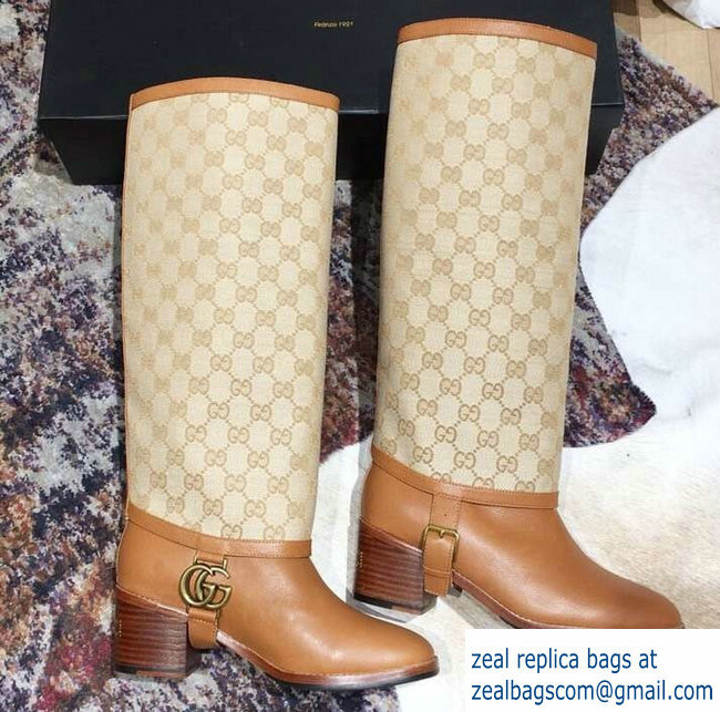 Gucci Double G Leather Knee Boots 549691 Brown with GG Gaiter 2018 - Click Image to Close