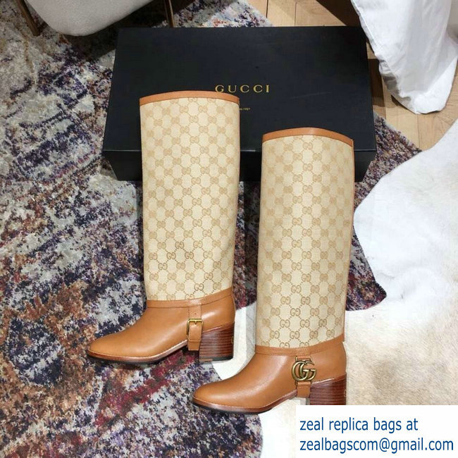 Gucci Double G Leather Knee Boots 549691 Brown with GG Gaiter 2018