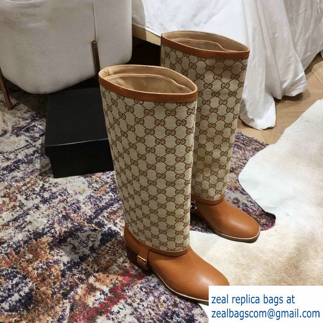 Gucci Double G Leather Knee Boots 549691 Brown with GG Gaiter 2018 - Click Image to Close