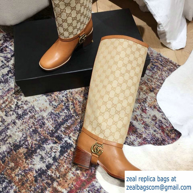 Gucci Double G Leather Knee Boots 549691 Brown with GG Gaiter 2018 - Click Image to Close