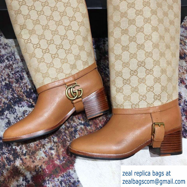 Gucci Double G Leather Knee Boots 549691 Brown with GG Gaiter 2018
