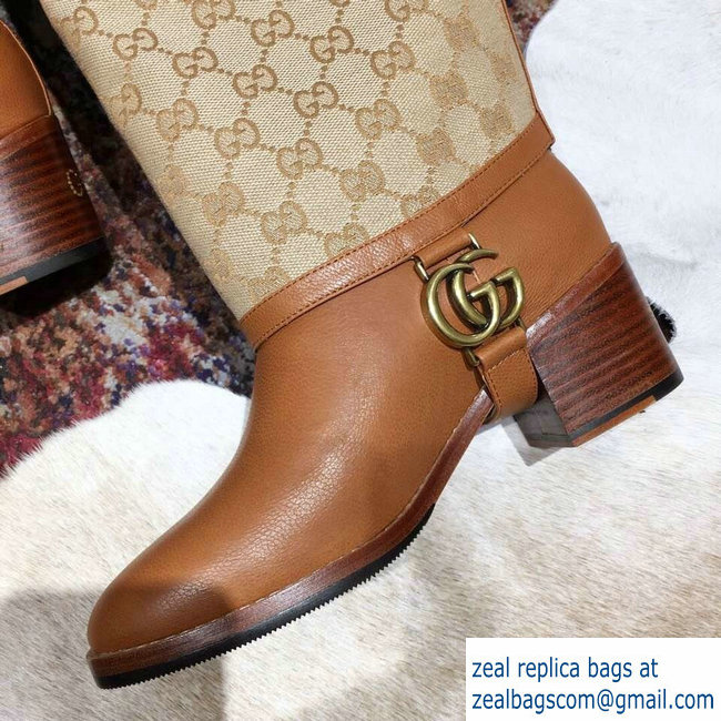 Gucci Double G Leather Knee Boots 549691 Brown with GG Gaiter 2018 - Click Image to Close