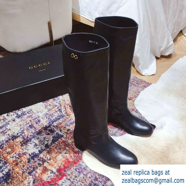 Gucci Feline Head and Double G Leather Knee Boots 549678 Black 2018