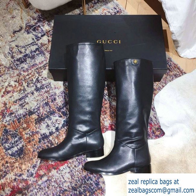 Gucci Feline Head and Double G Leather Knee Boots 549678 Black 2018