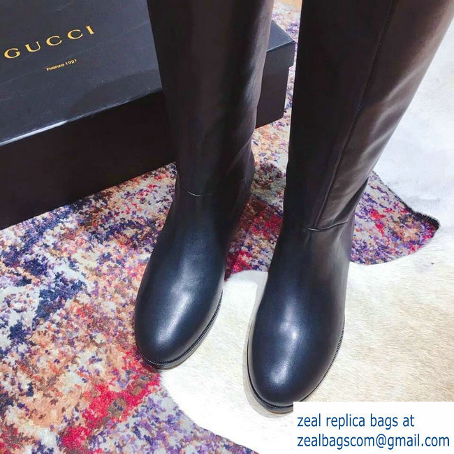 Gucci Feline Head and Double G Leather Knee Boots 549678 Black 2018 - Click Image to Close