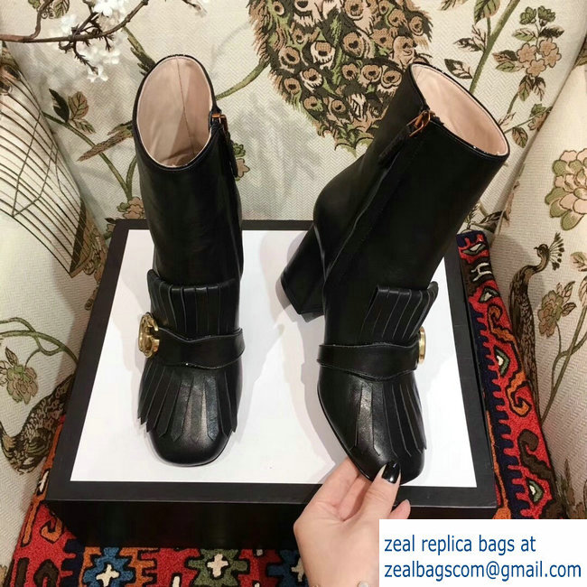 Gucci Fringe and Double G Leather Ankle Boots Black 2018 - Click Image to Close