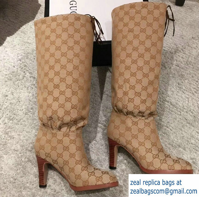 Gucci GG Canvas Mid-Heel Boots Beige 2018