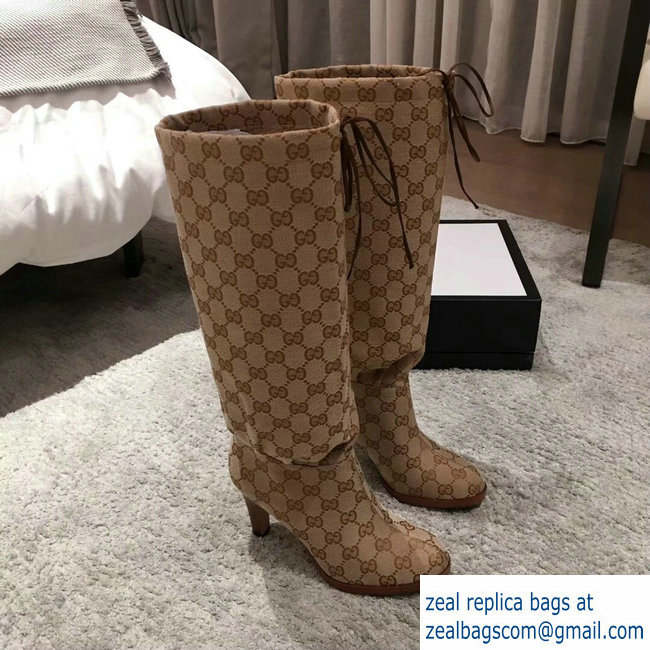 Gucci GG Canvas Mid-Heel Boots Beige 2018 - Click Image to Close