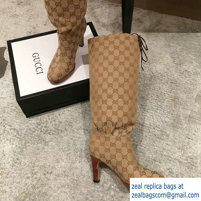 Gucci GG Canvas Mid-Heel Boots Beige 2018