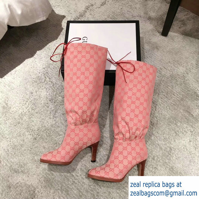 Gucci GG Canvas Mid-Heel Boots Pink 2018