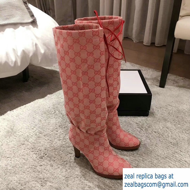 Gucci GG Canvas Mid-Heel Boots Pink 2018