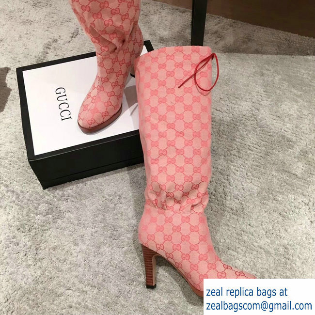 Gucci GG Canvas Mid-Heel Boots Pink 2018