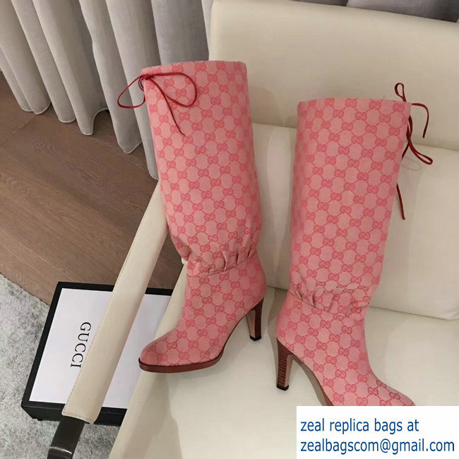 Gucci GG Canvas Mid-Heel Boots Pink 2018